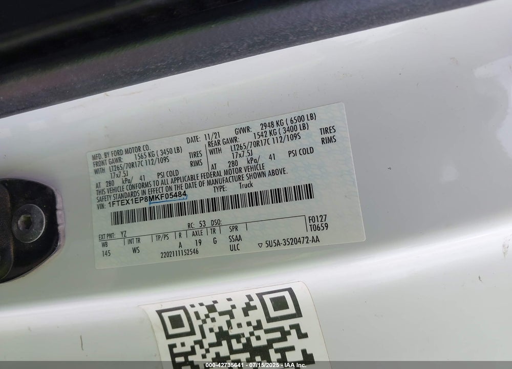 2021 FORD F-150 VIN: 1FTEX1EP8MKF05484