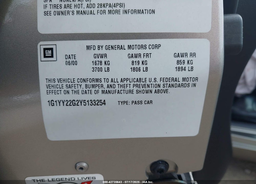 2000 CHEVROLET CORVETTE VIN: 1G1YY22G2Y5133254