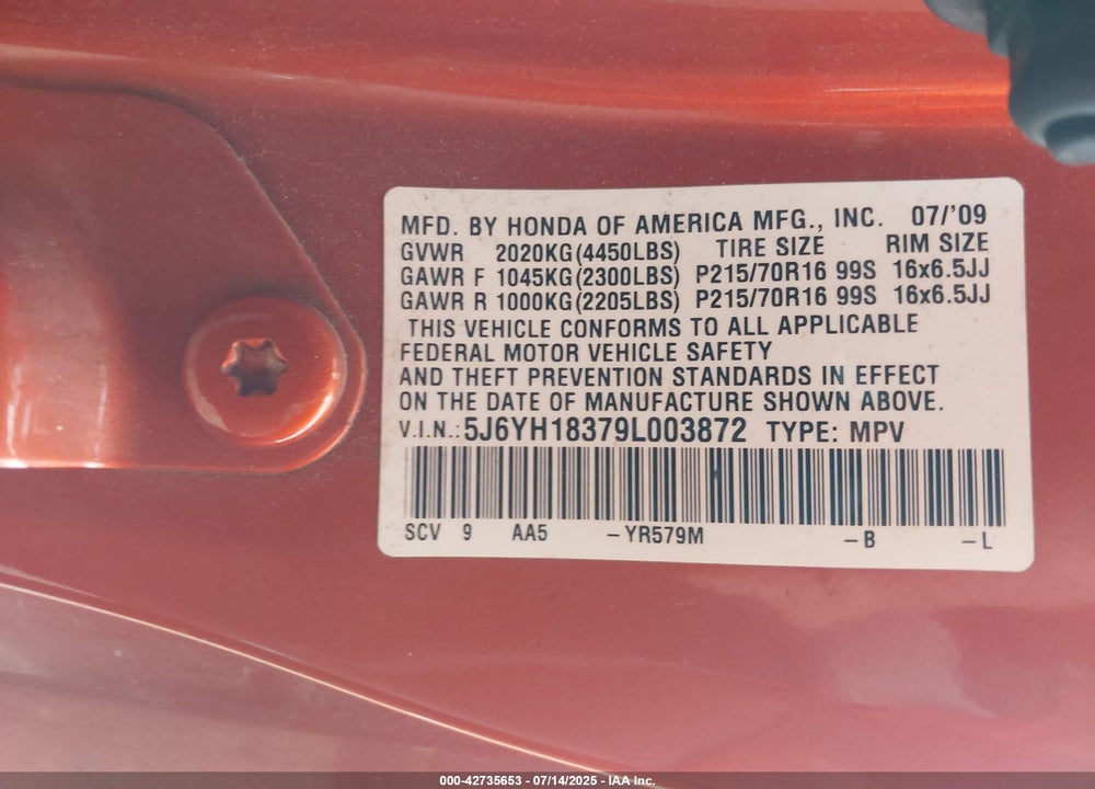 2009 HONDA ELEMENT VIN: 5J6YH18379L003872