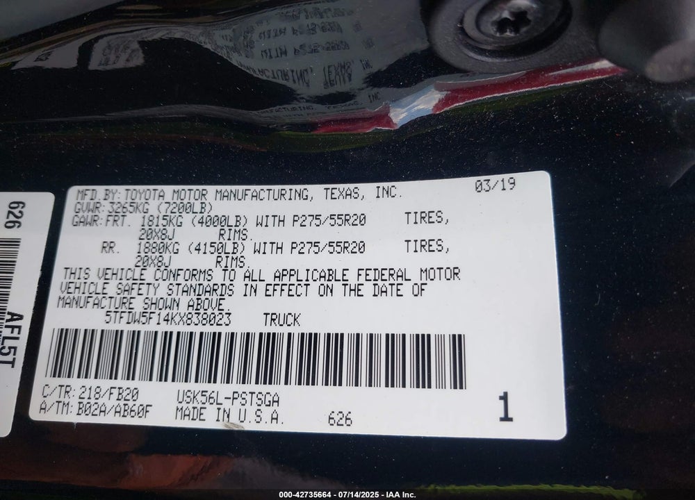 2019 TOYOTA TUNDRA VIN: 5TFDW5F14KX838023