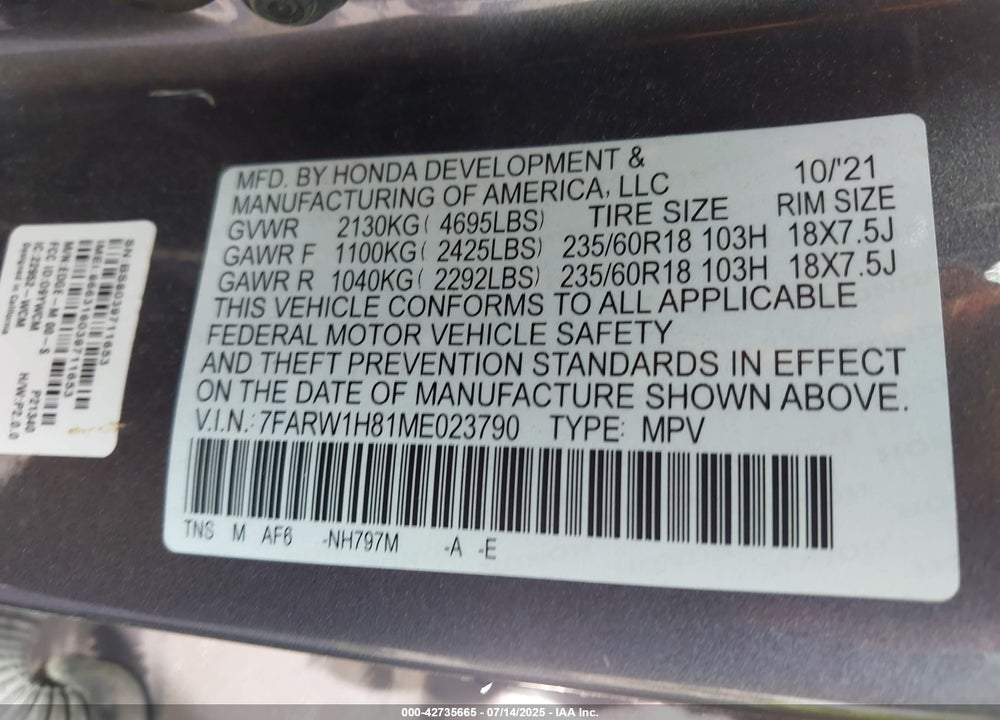 2021 HONDA CR-V VIN: 7FARW1H81ME023790