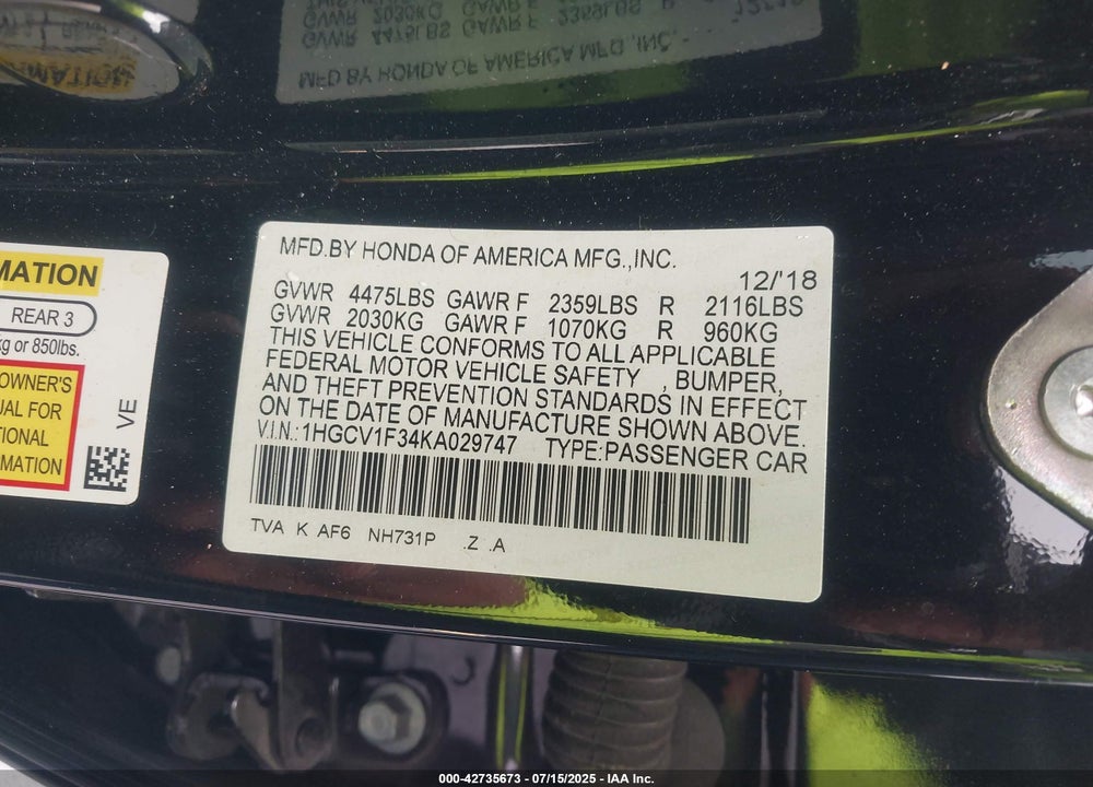 2019 HONDA ACCORD VIN: 1HGCV1F34KA029747