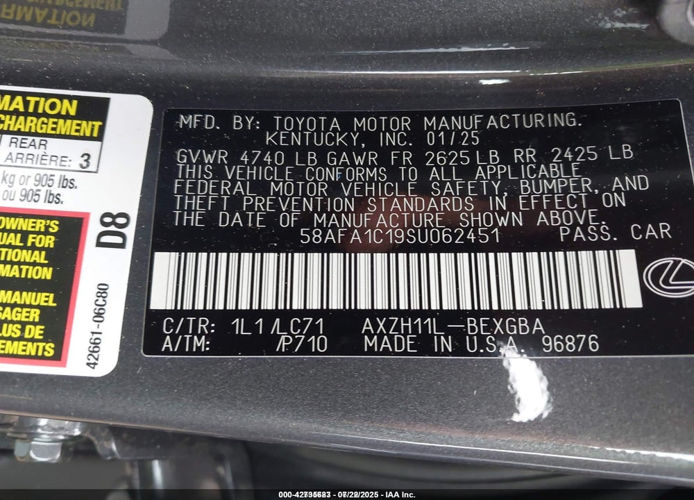 2025 LEXUS ES 300H ULTRA LUXURY VIN: 58AFA1C19SU062451