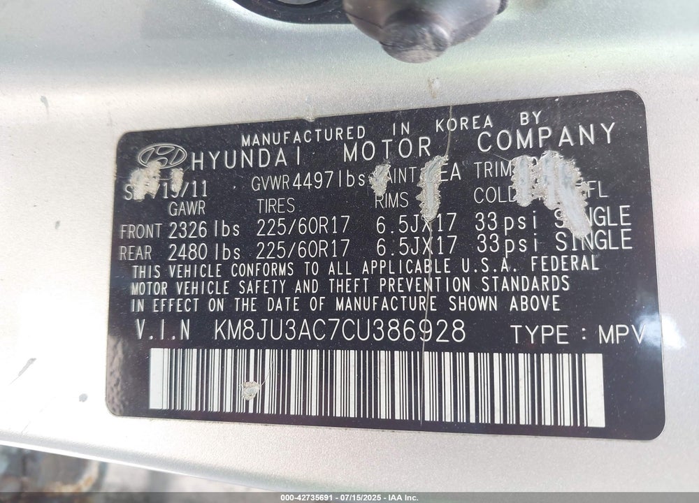 2012 HYUNDAI TUCSON GLS VIN: KM8JU3AC7CU386928