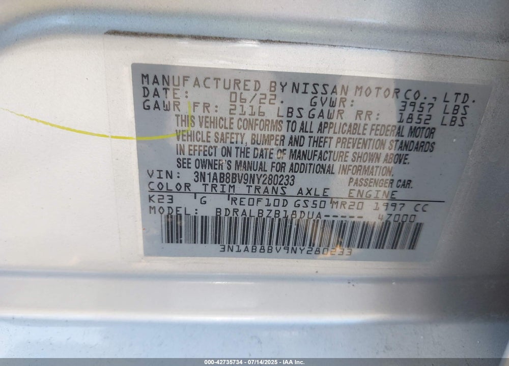 2022 NISSAN SENTRA VIN: 3N1AB8BV9NY280233