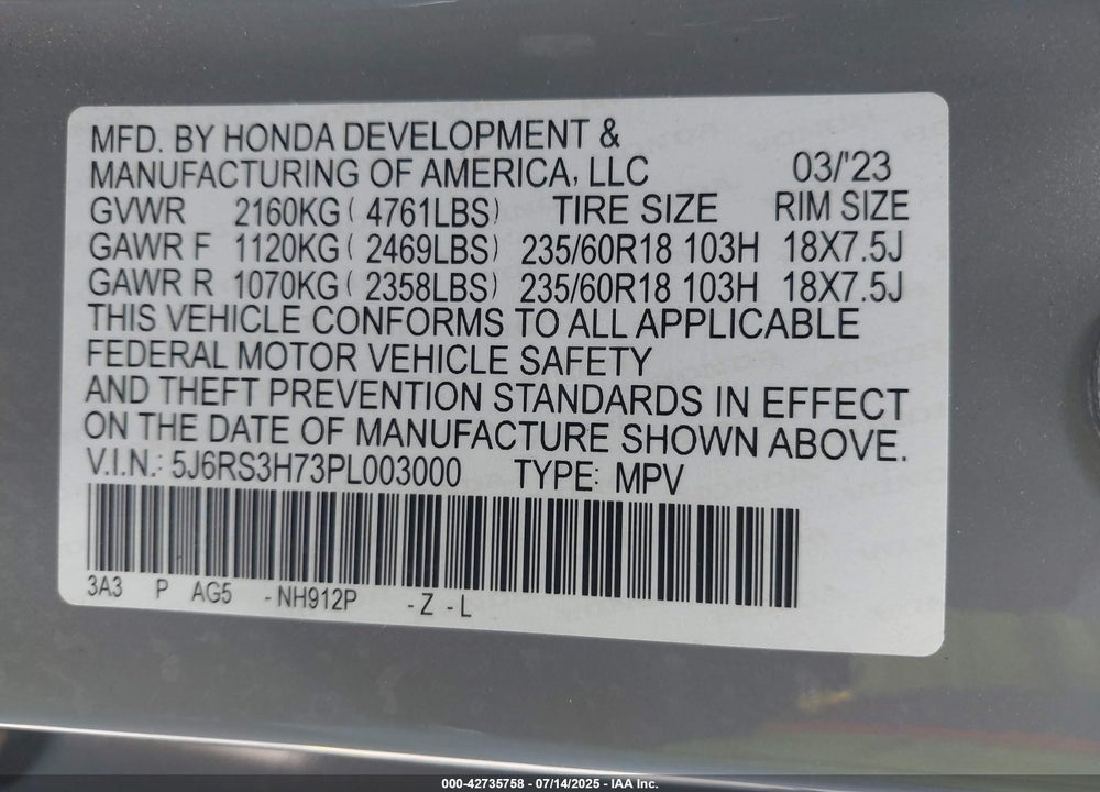 2023 HONDA CR-V EX-L 2WD VIN: 5J6RS3H73PL003000
