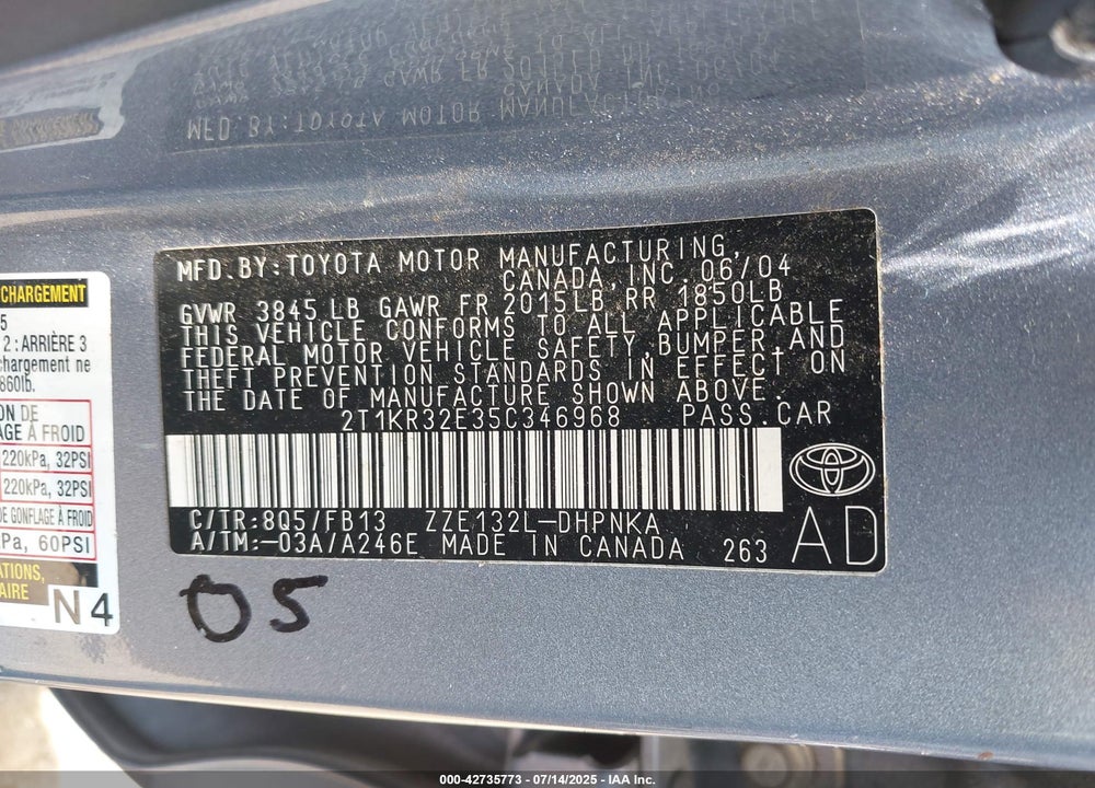 2005 TOYOTA MATRIX/XR VIN: 2T1KR32E35C346968