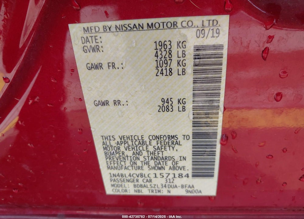 2020 NISSAN ALTIMA VIN: 1N4BL4CV8LC157184