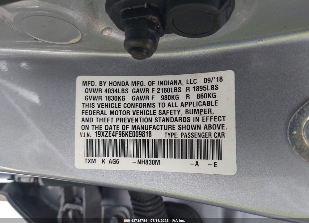 2019 HONDA INSIGHT VIN: 19XZE4F96KE009818