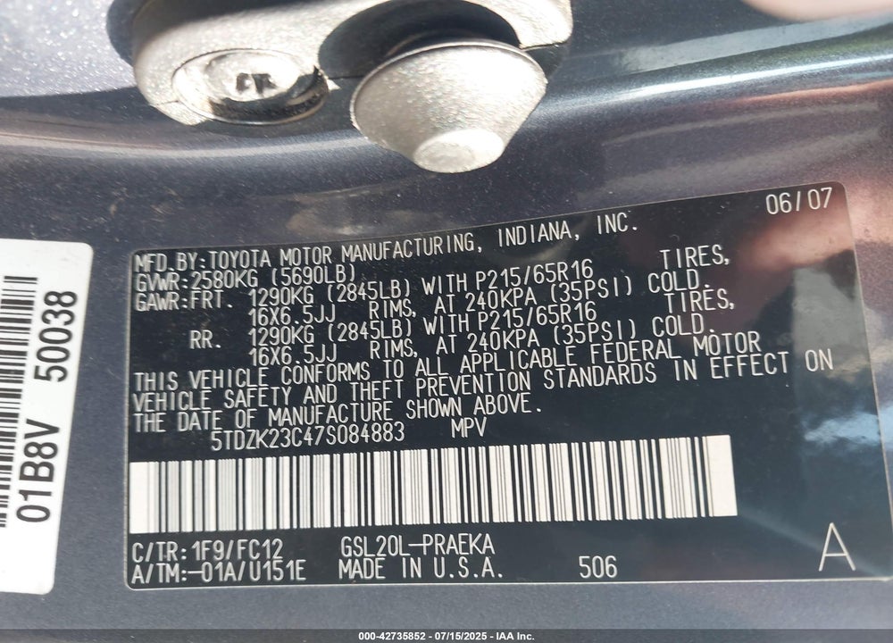 2007 TOYOTA SIENNA VIN: 5TDZK23C47S084883
