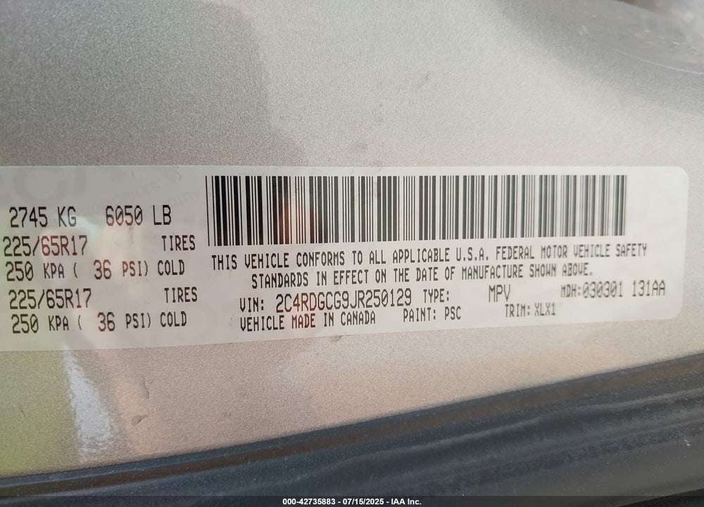2018 DODGE GRAND CARAVAN SXT VIN: 2C4RDGCG9JR250129