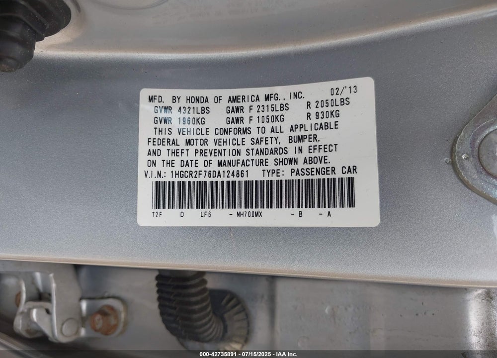 2013 HONDA ACCORD EX VIN: 1HGCR2F76DA124861