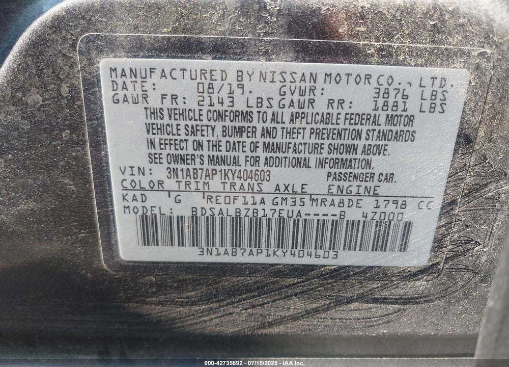 2019 NISSAN SENTRA VIN: 3N1AB7AP1KY404603