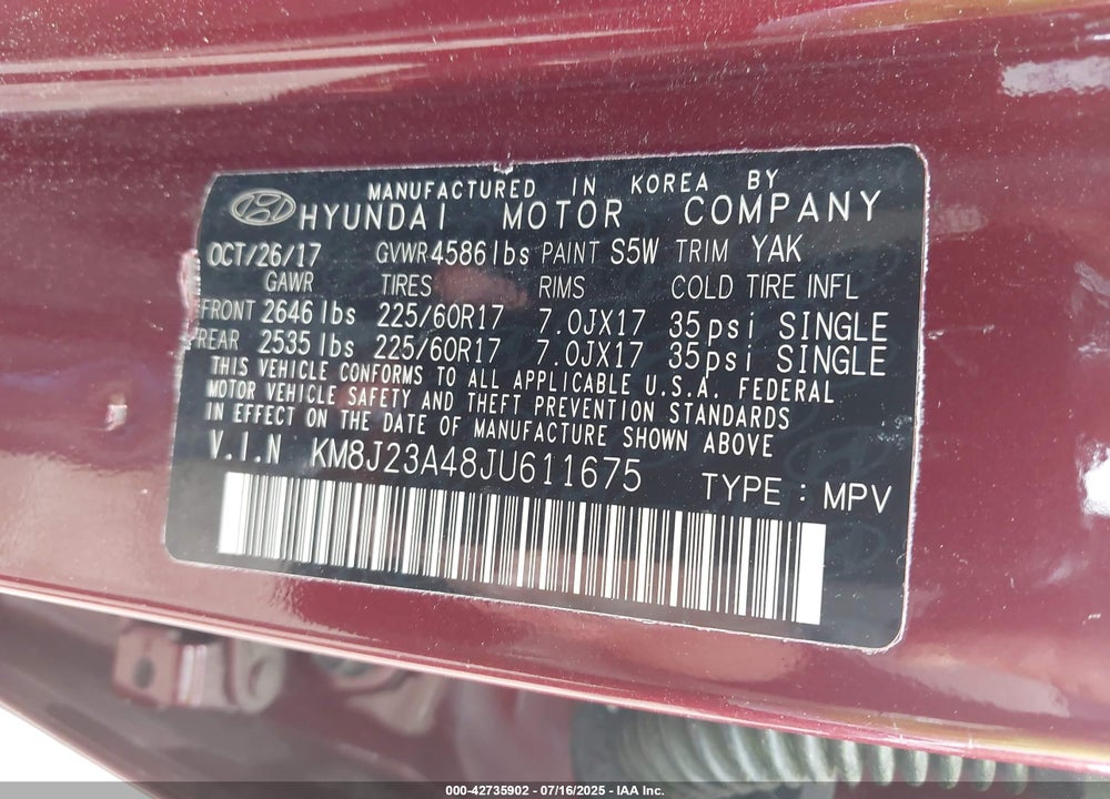 2018 HYUNDAI TUCSON SE VIN: KM8J23A48JU611675
