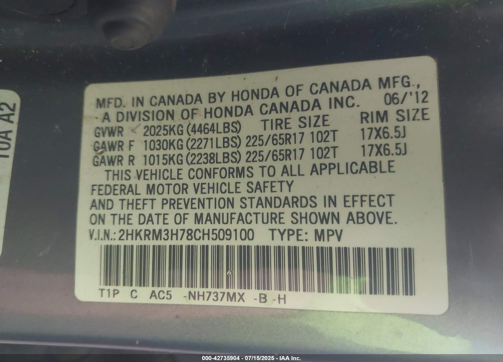 2012 HONDA CR-V VIN: 2HKRM3H78CH509100