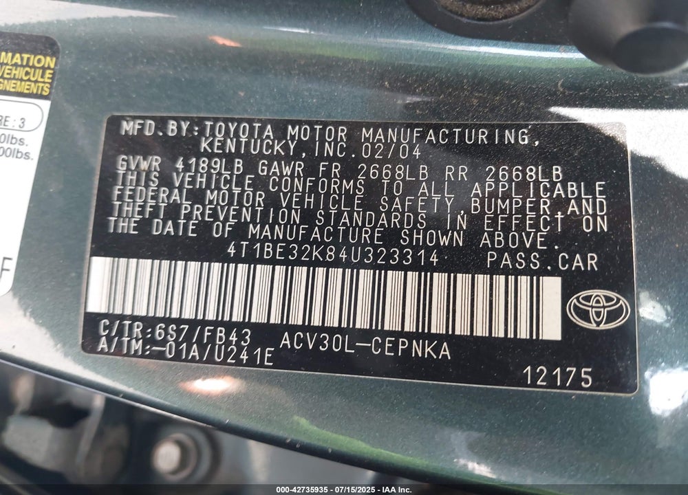 2004 TOYOTA CAMRY LE VIN: 4T1BE32K84U323314