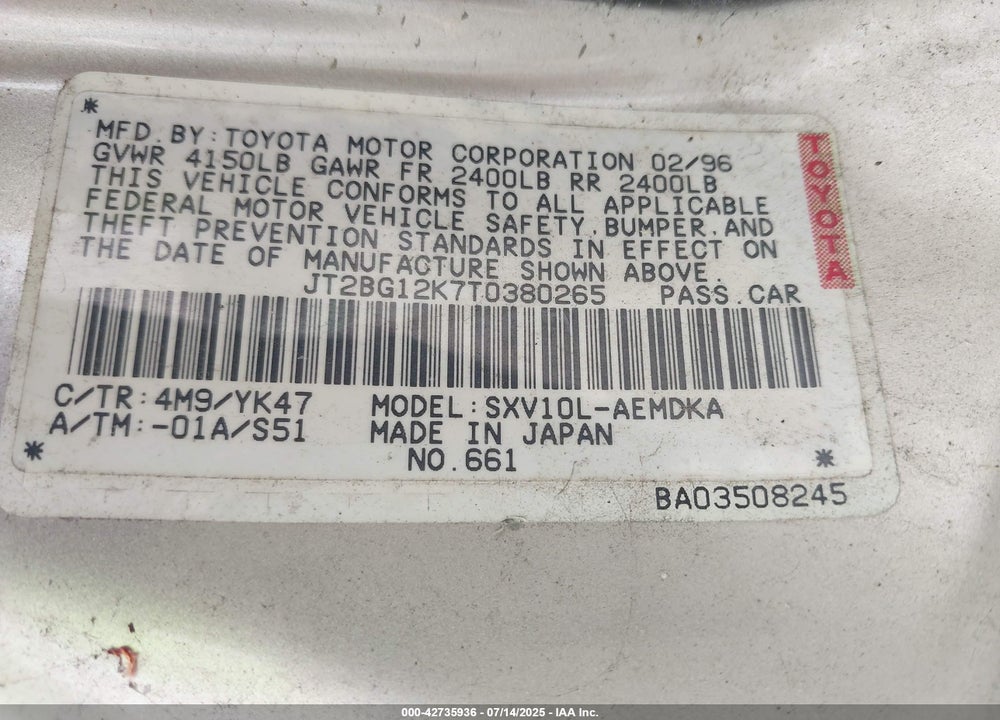 1996 TOYOTA CAMRY DX/LE/XLE VIN: JT2BG12K7T0380265