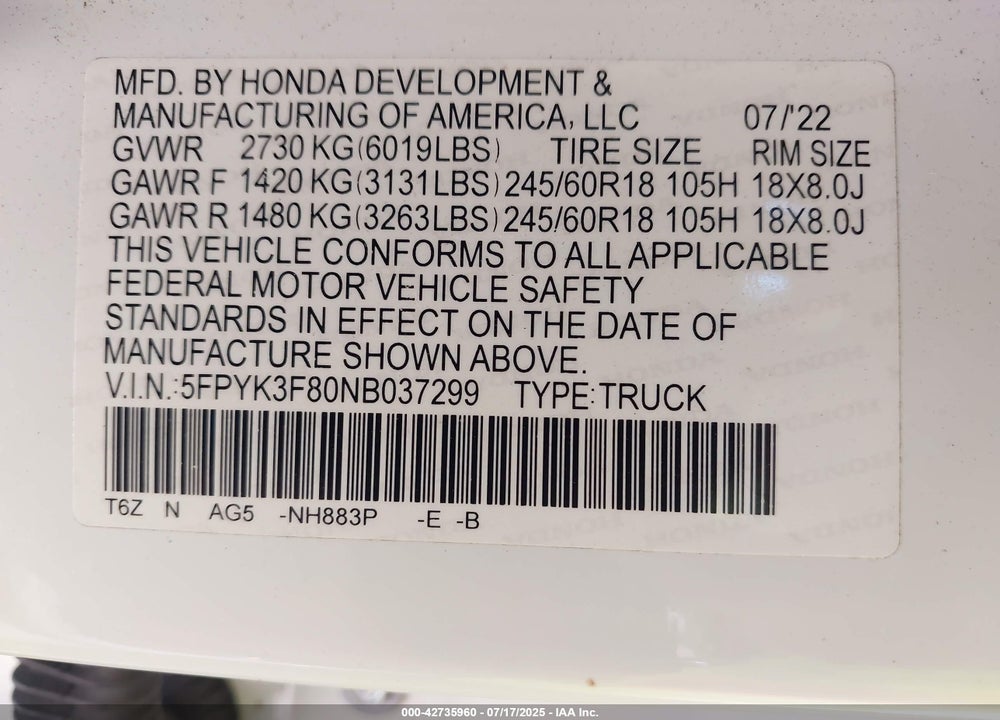 2022 HONDA RIDGELINE VIN: 5FPYK3F80NB037299