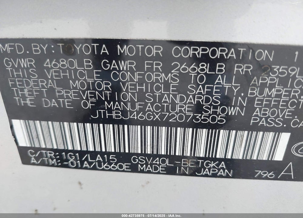 2007 LEXUS ES350 VIN: JTHBJ46GX72073505