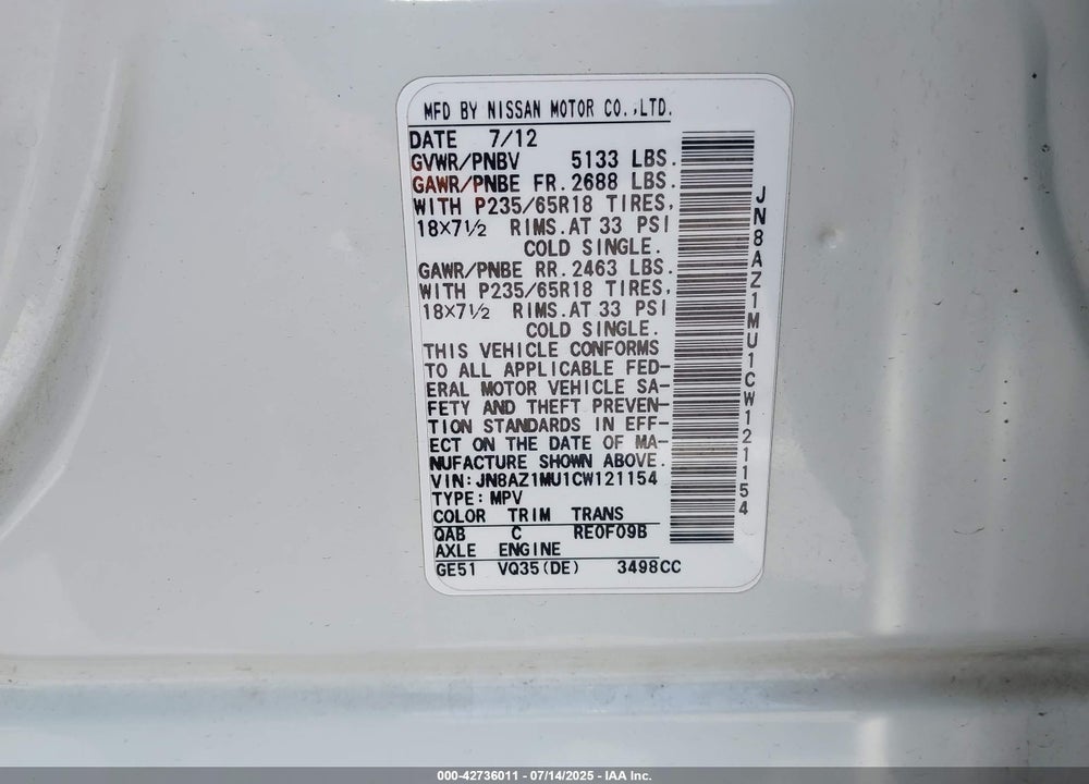 2012 NISSAN MURANO VIN: JN8AZ1MU1CW121154