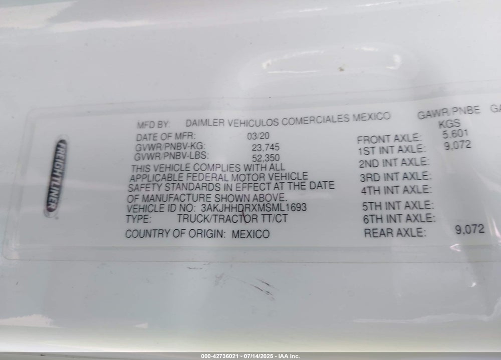 2021 FREIGHTLINER NEW CASCADIA 126 VIN: 3AKJHHDRXMSML1693