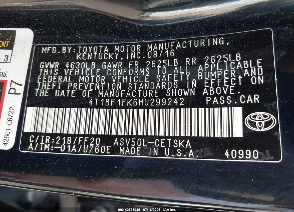 2017 TOYOTA CAMRY VIN: 4T1BF1FK6HU299242
