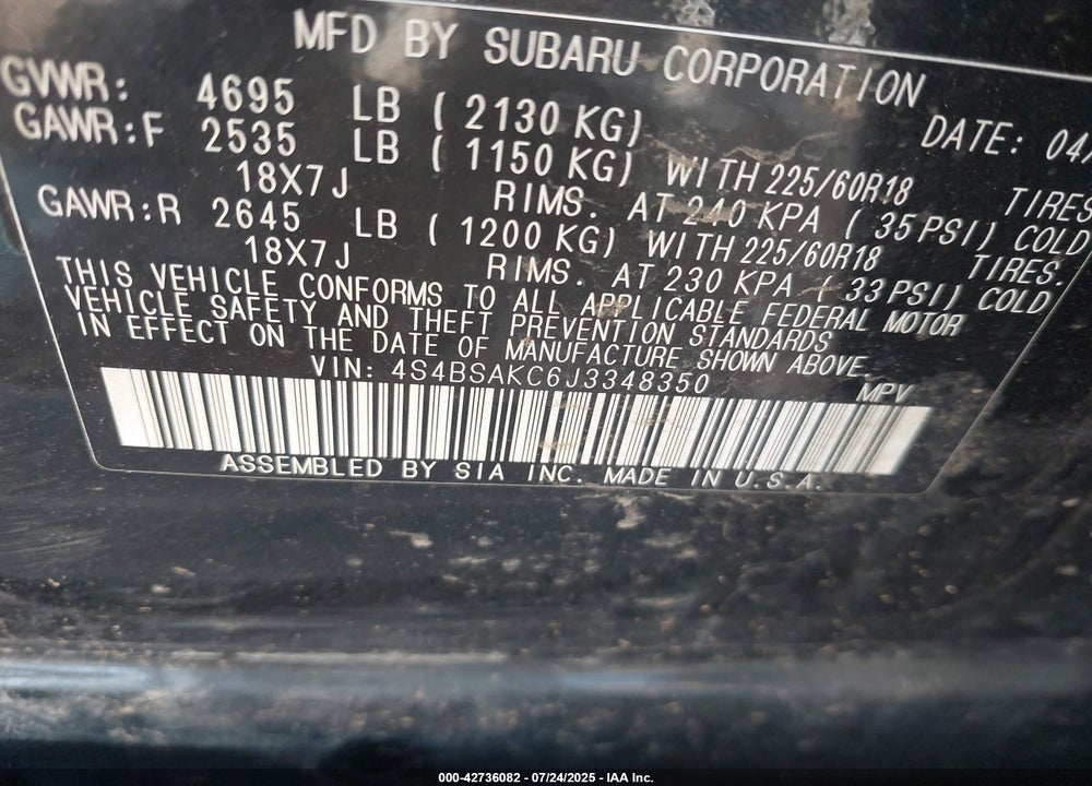 2018 SUBARU OUTBACK VIN: 4S4BSAKC6J3348350
