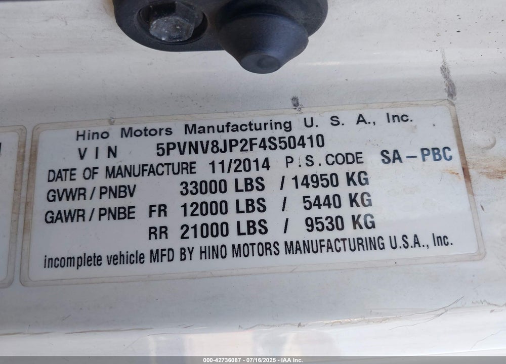 2015 HINO 338 VIN: 5PVNV8JP2F4S50410