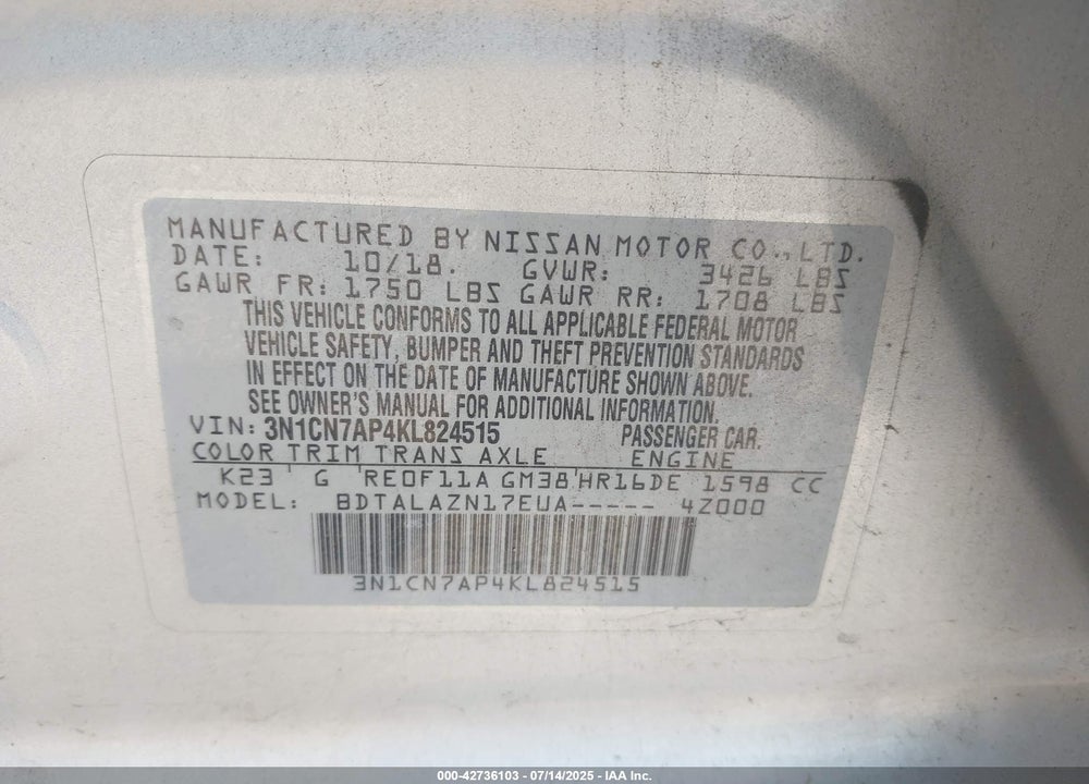 2019 NISSAN VERSA VIN: 3N1CN7AP4KL824515