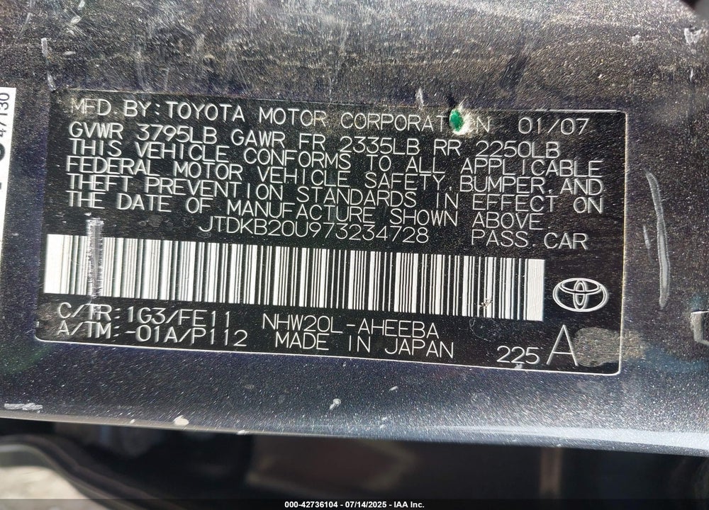 2007 TOYOTA PRIUS VIN: JTDKB20U973234728