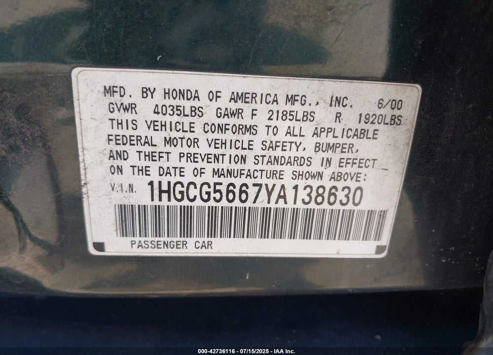 2000 HONDA ACCORD 2.3 EX VIN: 1HGCG5667YA138630