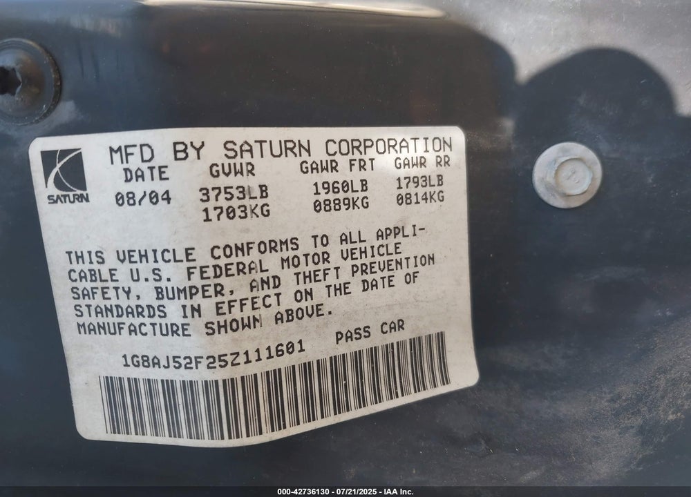 2005 SATURN ION ION 2 VIN: 1G8AJ52F25Z111601