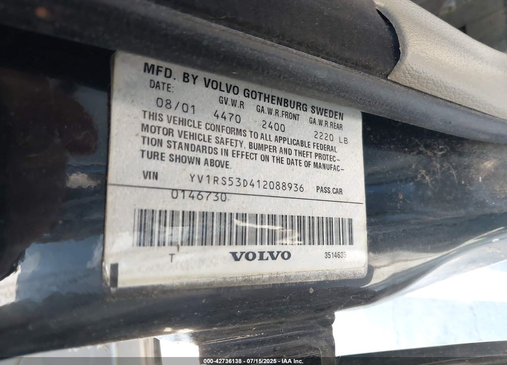2001 VOLVO S60 T5 VIN: YV1RS53D412088936