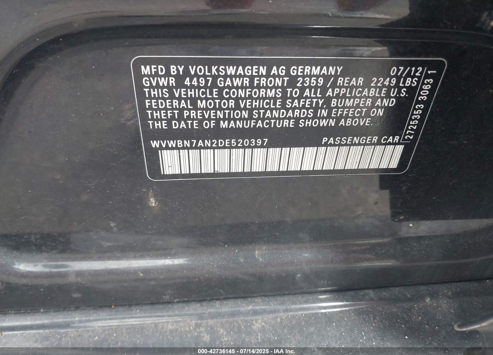 2013 VOLKSWAGEN CC VIN: WVWBN7AN2DE520397