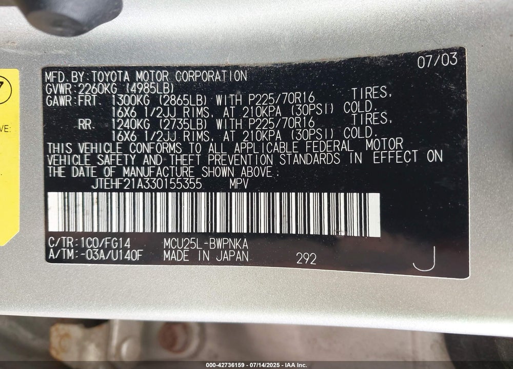 2003 TOYOTA HIGHLANDER V6 VIN: JTEHF21A330155355