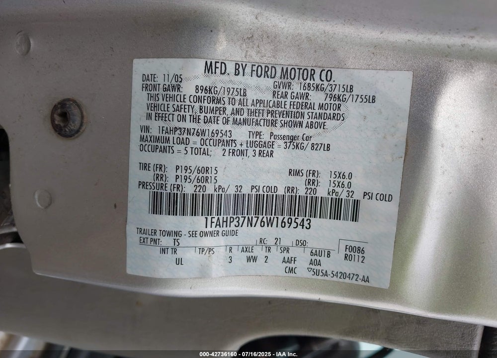2006 FORD FOCUS ZX5 VIN: 1FAHP37N76W169543