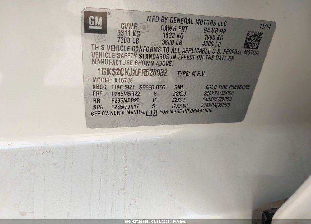 2015 GMC YUKON VIN: 1GKS2CKJXFR526932