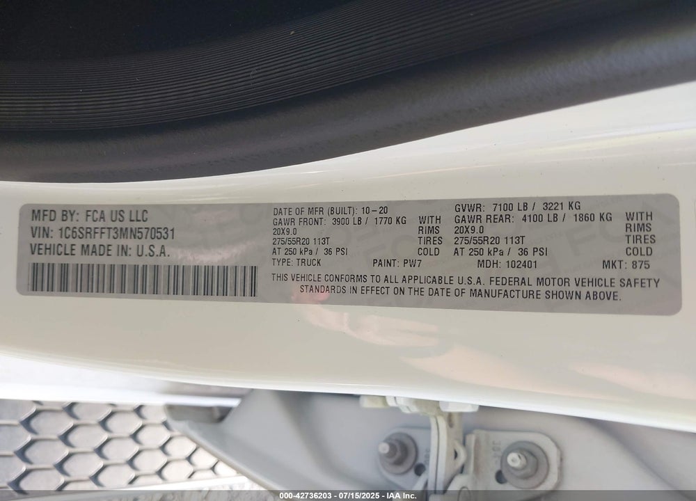 2021 RAM 1500 VIN: 1C6SRFFT3MN570531