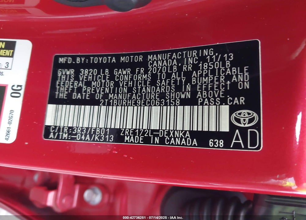 2014 TOYOTA COROLLA VIN: 2T1BURHE9EC063158