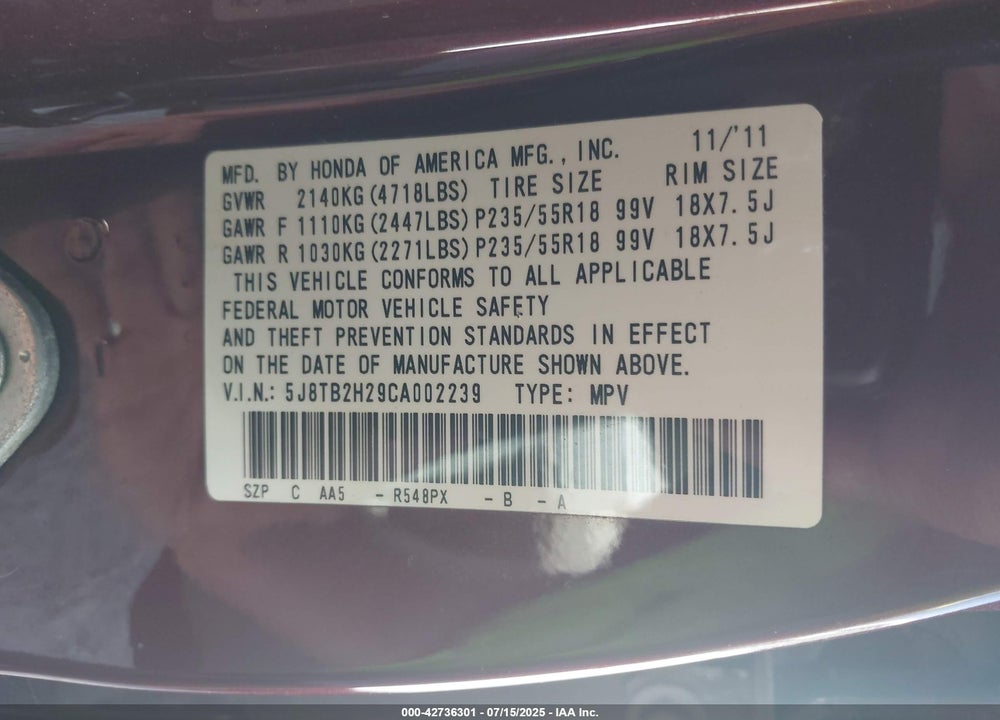 2012 ACURA RDX VIN: 5J8TB2H29CA002239