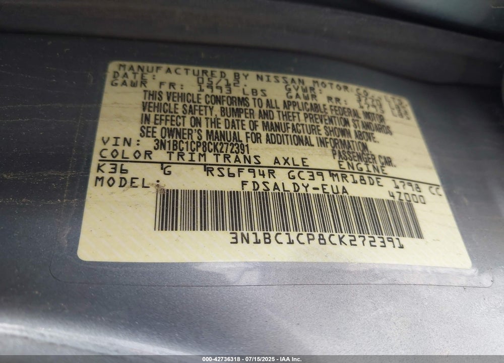 2012 NISSAN VERSA VIN: 3N1BC1CP8CK272391