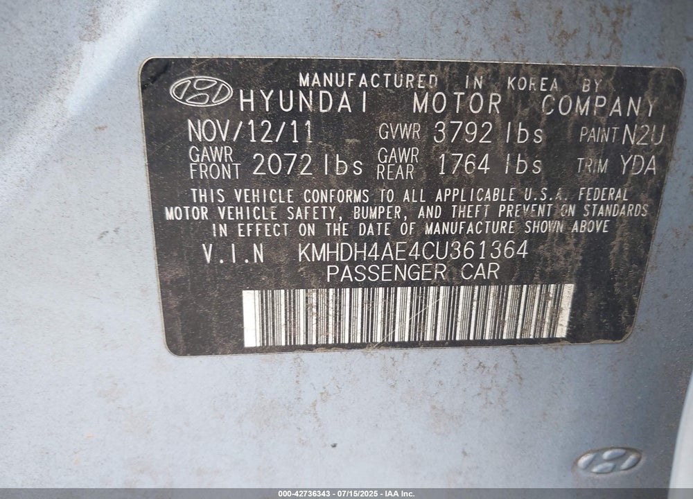 2012 HYUNDAI ELANTRA VIN: KMHDH4AE4CU361364