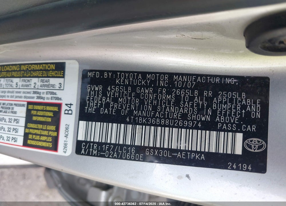 2008 TOYOTA AVALON LIMITED VIN: 4T1BK36B88U269974