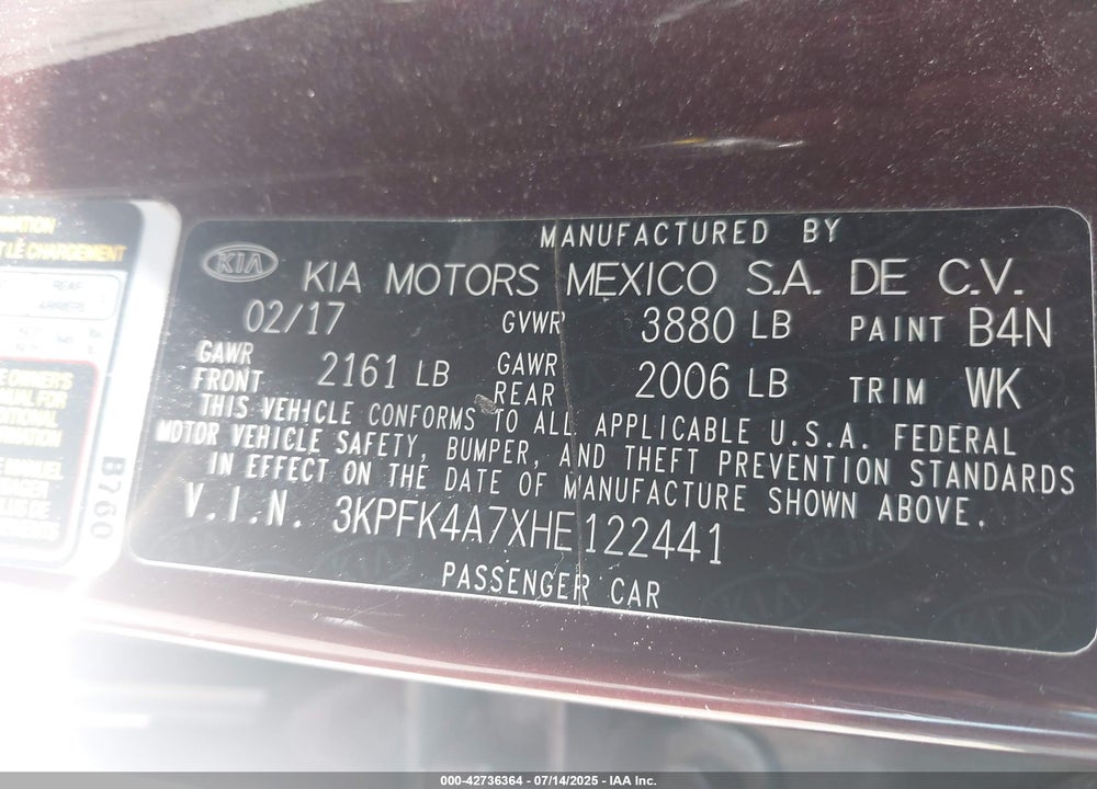 2017 KIA FORTE VIN: 3KPFK4A7XHE122441