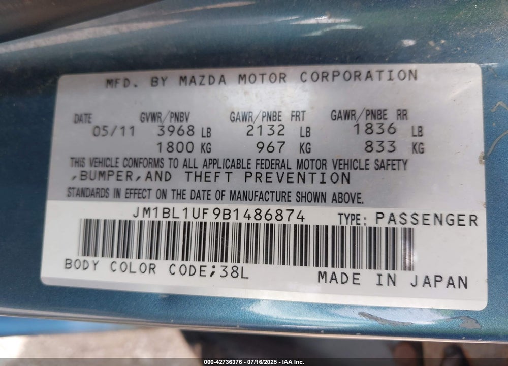 2011 MAZDA MAZDA3 VIN: JM1BL1UF9B1486874