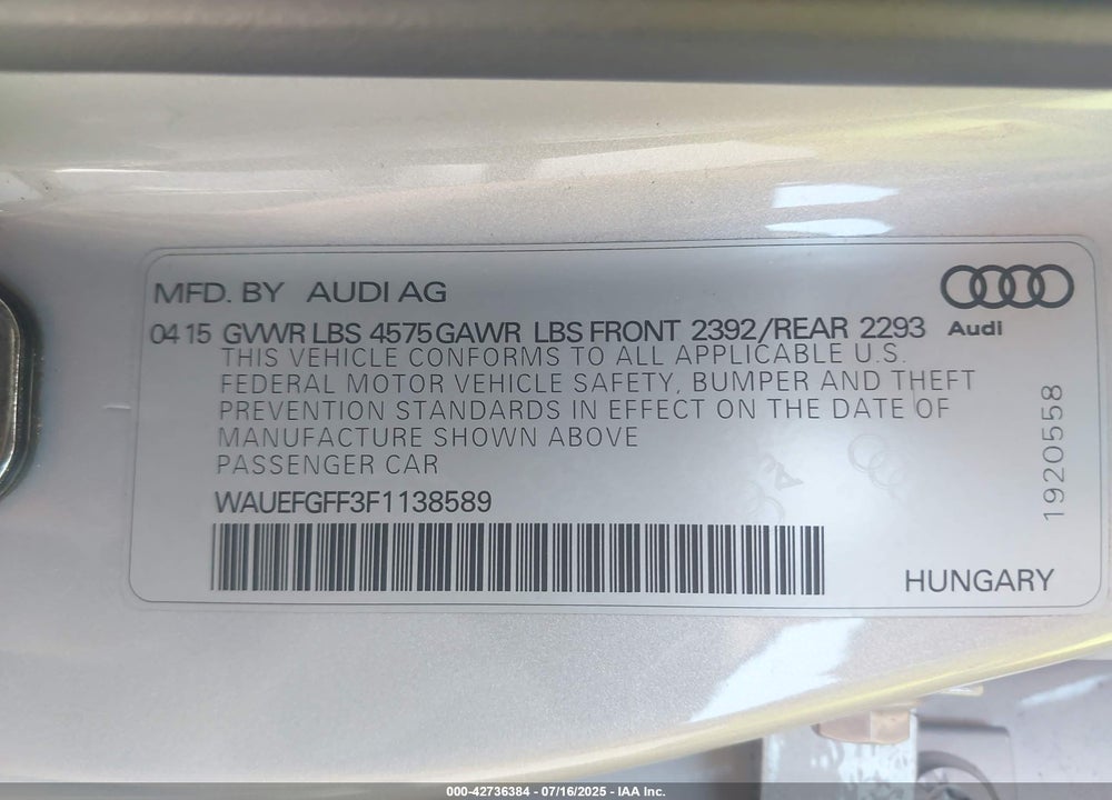2015 AUDI A3 VIN: WAUEFGFF3F1138589