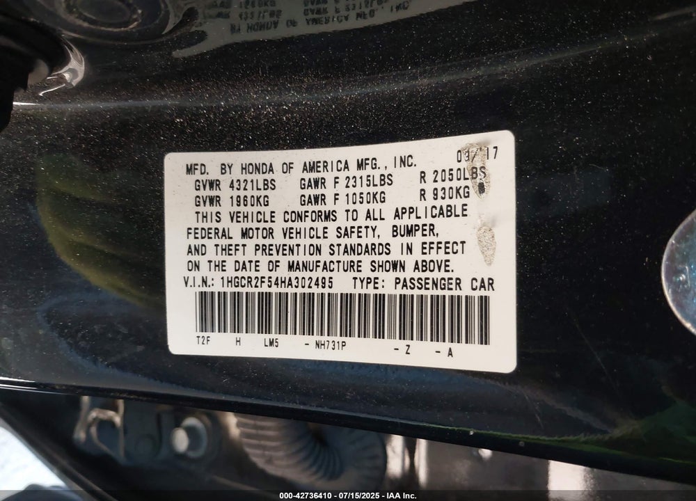 2017 HONDA ACCORD VIN: 1HGCR2F54HA302495
