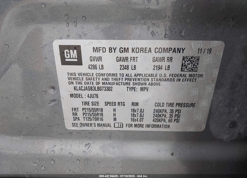 2020 BUICK ENCORE VIN: KL4CJASB3LB073302