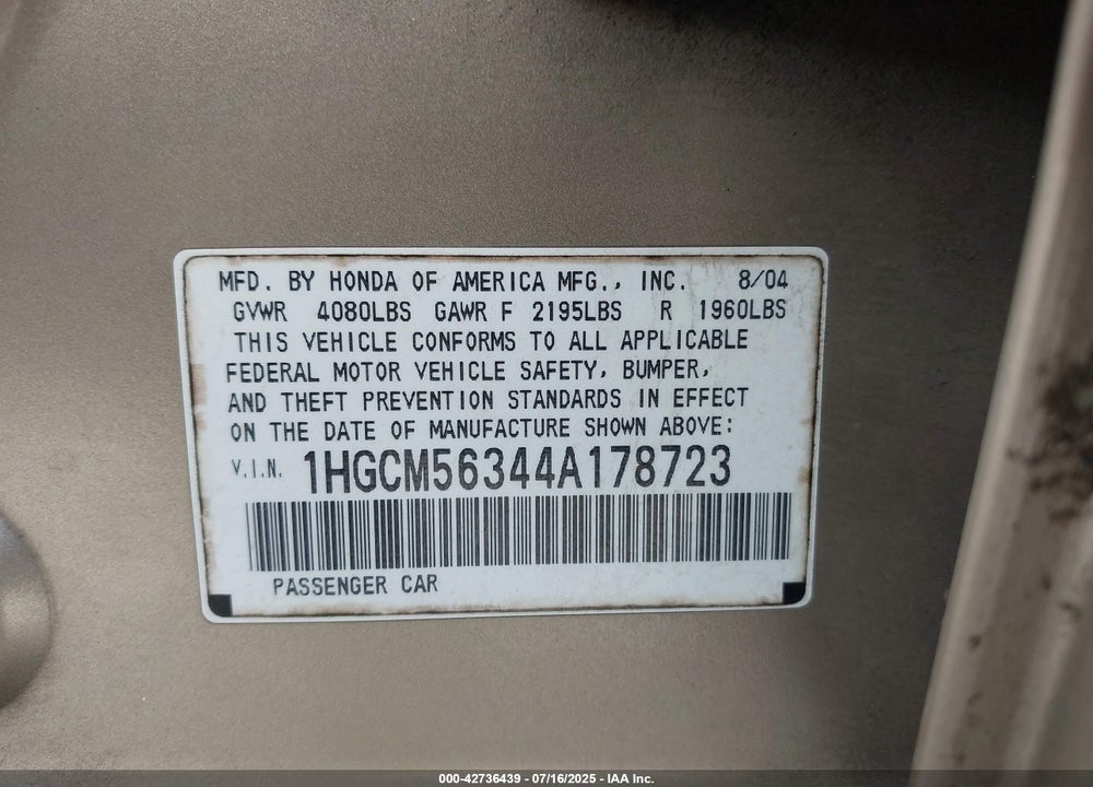 2004 HONDA ACCORD 2.4 LX VIN: 1HGCM56344A178723