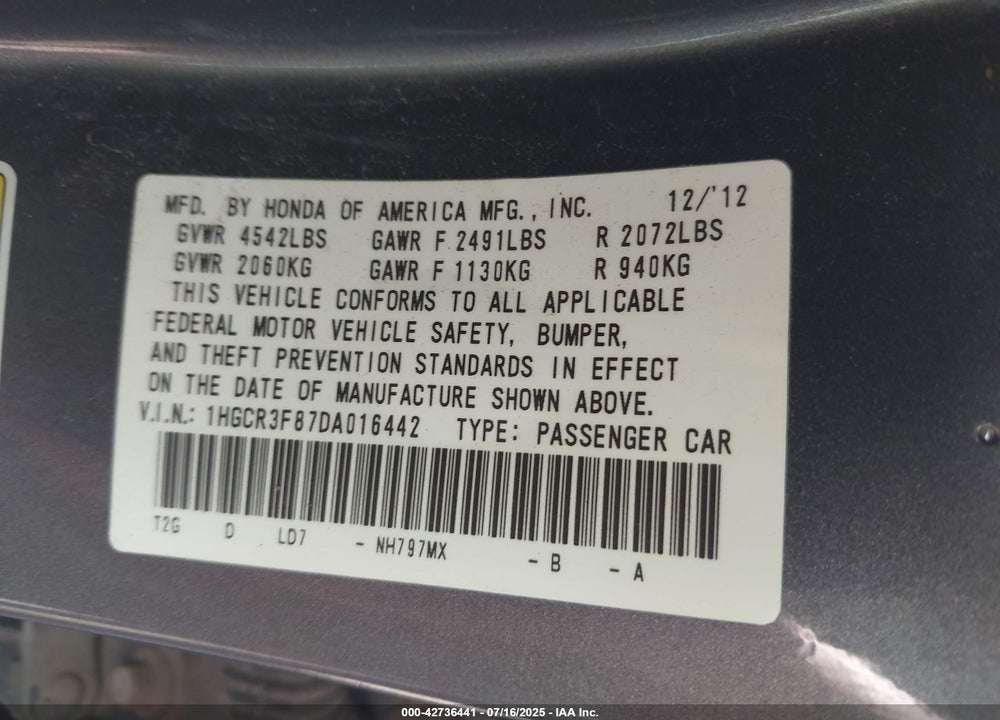 2013 HONDA ACCORD EX-L V-6 VIN: 1HGCR3F87DA016442